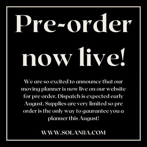 We are so excited to announce that our first product, our moving planner, is finally ready for release! Pre-order is now open with stock expected early August. Our stock for our first launch is very limited so purchasing our pre-order is the only way to guarantee a planner through our August drop. If you have any questions at all surrounding our planner or the pre-order process you can drop us a DM or email us at hello@solaniia.com Thank you for your ongoing support 🤍✨ . . . #newbusiness... Moving Planner, Home Planner, New Bus, Now Open, The Only Way, So Excited, Pre Order, Product Launch, Quick Saves