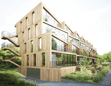 NL Architects + STUDYO Design Terraced Affordable Housing for Frankfurt | ArchDaily Perspective Architecture, Wooden Building, Apartment Architecture, Zaha Hadid Architects, Cultural Architecture, Social Housing, Residential Complex, Education Architecture, Terraced House