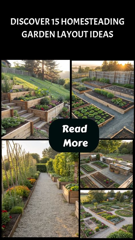 Collage of various homestead garden layouts featuring raised beds and pathways. Garden Layout Design, Raised Wooden Planters, Homesteading Garden, Gravel Walkway, Functional Garden, Water Fountain Design, Layout Design Ideas, Garden Layout Ideas, Flower Bed Designs