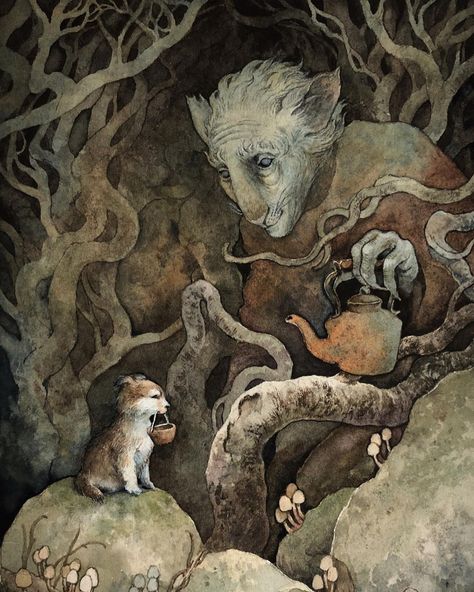 Lily Seika Jones on Instagram: “‘Little Wolf Pup’ (sold) • 5 x 7” • watercolour • I love stories where various creatures pop out of nowhere as the protagonist attempts to…” Animals And Plants, Wolf Pup, Art Mignon, Fairytale Illustration, Forest Creatures, Fairytale Art, Art Et Illustration, Arte Fantasy, Pop Out