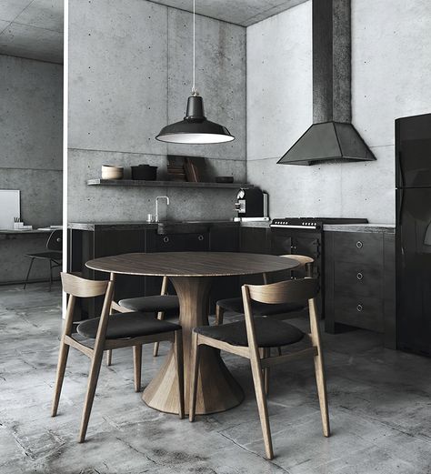 Brutalism Interior, Masculine Home Decor, Concrete Loft, Brutalist Furniture, Modern Loft Apartment, Brutalist Interior, Dining Room Industrial, Concrete Interiors, Brutalist Design