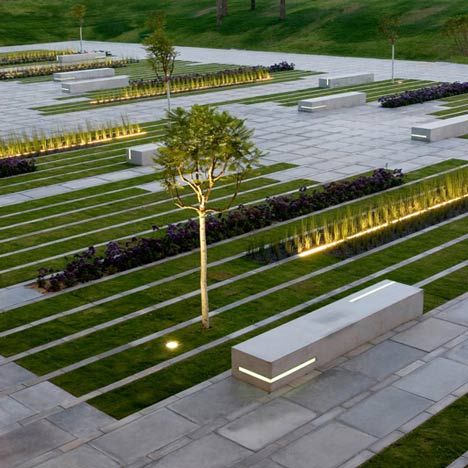 modern linear garden idea.  love the corner line lights in the benches as well Triangle Park, Taman Air, Urban Landscape Design, Hardscape Design, Plans Architecture, Landscape And Urbanism, Landscape Architecture Design, Landscape Designs, Urban Park