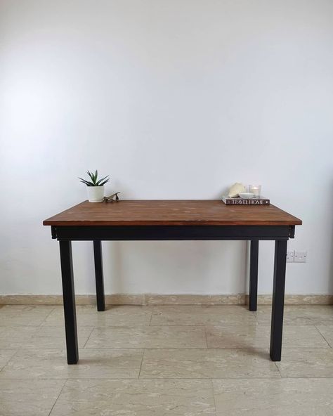 A dining table with a walnut stain and black legs Ikea Sandsberg Table Hack, Ingo Ikea Hack, Ingo Table Hack, Ikea Ingo Table, Ikea Jokkmokk Table Makeover, Jokkmokk Table Hack, Ikea Kitchen Table Makeover, Ikea Dining Table Makeover, Ikea Ingo Table Hack