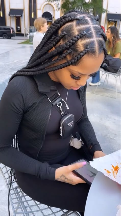 Knotless Braids Hairstyles Jumbo, Big Individual Braids For Black Women, Large Braids With Curls At The End, Big Square Box Braids, Hook Up Outfit, Large Part Braids, Big Section Box Braids, Big Medium Knotless Box Braids, Jumbo Braided Hairstyles For Black Women