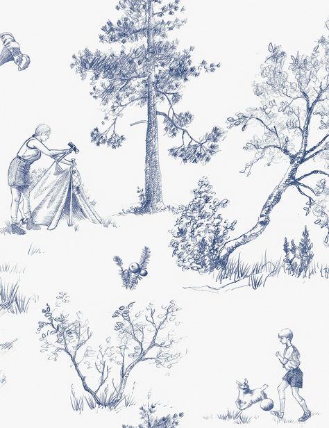 An illustrated toile de Jouy depicting scenes from an idyllic modern Scandinavian camping trip. Printing: Digital pigment print (minimum order of 4 rolls, must order in increments of 2 rolls).Material: FSC-certified paper.Trimming: This product comes untrimmed.Packaging: Printed in double rolls only (30 feet in length). Sold in single-roll increments (15 feet in length).Single roll: 27 inches × 5 yards (68.8 cm × 4.5 meters)Sheet: 27 × 36 inches (68.8 × 91.4 cm)Sample:~ 7 × 10 inches (17.7cm × 2 Lighting Gifts, Commercial Wallpaper, Benjamin Moore Paint, Paint Colors Benjamin Moore, Style Tile, Vinyl Wallpaper, Wall Covering, Camping Trips, Fabric Rug