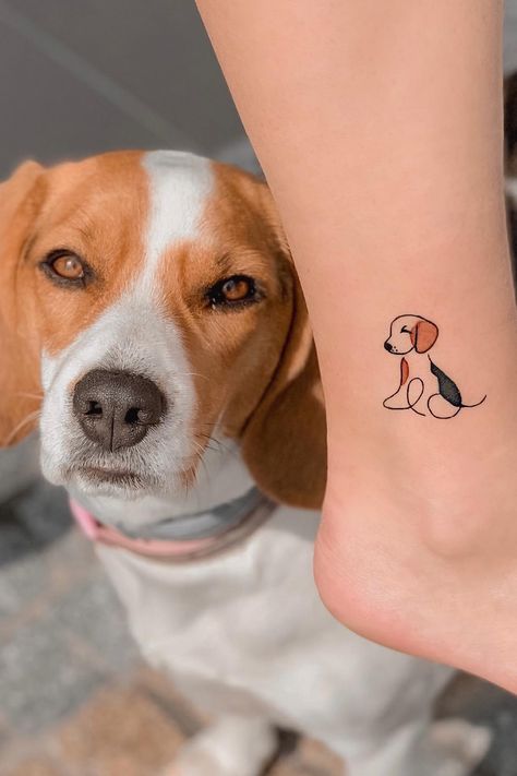 50+ Creative Dog Tattoo Ideas For Canine Lovers Two Dog Memorial Tattoos, Men Dog Tattoo Ideas, Floppy Ear Dog Tattoo, Dog Inspo Tattoo, Simple Pet Tattoos Dogs, Sunflower Dog Tattoo, Tattoo For Dog Lovers, Pet Portraits Tattoo, Fine Line Dog Tattoo Ideas