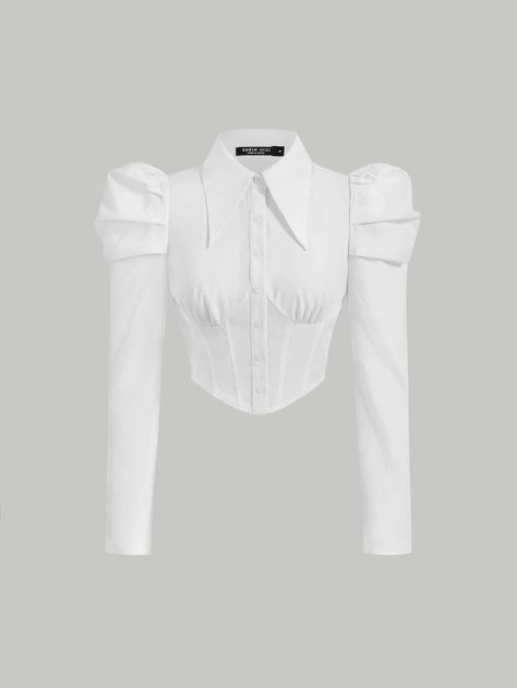 White Elegant Collar Long Sleeve Woven Fabric Plain Shirt Embellished Non-Stretch  Women Tops, Blouses & Tee White Puffy Shirt, Puffy Sleeve Shirt, White Chemise, Gigot Sleeve, Cropped Cable Knit Sweater, Girls Dress Outfits, Half Sleeve Shirts, Plain Shirt, White Long Sleeve Shirt