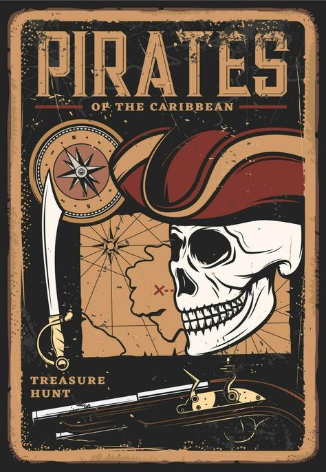 Pirates vintage poster, skull in hat, treasure map Pirate Illustration, Planet Poster, Pirate Decor, Treasure Map, Bullet Journal Diy, Pirate Skull, Decoration For Living Room, Treasure Maps, Shirt Print Design