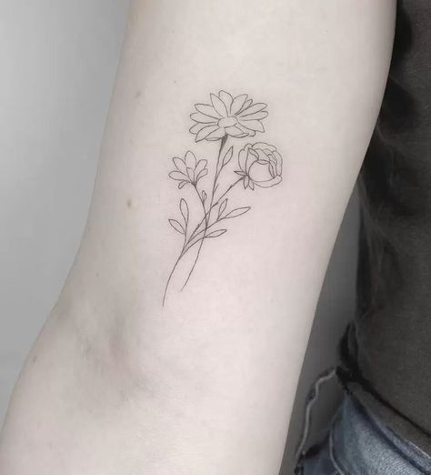 Nature, Aster Rose Tattoo, Small Aster Tattoo, Rose And Daisy Tattoo Design, Rose And Aster Tattoo, Dahlia And Rose Tattoo, Rose And Daisy Bouquet Tattoo, Rose And Aster Flower Tattoo, Daisy And Carnation Tattoo