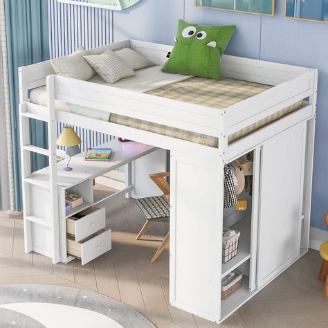 PRICES MAY VARY. 【Full Loft Bed with Wardrobe】 This Modern Style Loft Bed with a large storage wardrobe, The wardrobe comes with a pole in it. It provides extra space to hang your clothes. Overall Product Dimension: 78.3"L x 56.7"W x 65"H, this Full size loft bed Suitable for standard Full size mattress (Mattress is not included) 【Loft Bed with Desk & Storage】 This Multifunctional Loft Bed includes a spacious desk and two large storage drawers. the loft bed helps store books, display decorations Bed And Desk, Desk With Cabinet, Full Size Loft Bed, Full Size Loft, Desk Wardrobe, Bed With Wardrobe, Trundle Bed With Storage, Wardrobe Bed, Loft Bed Frame