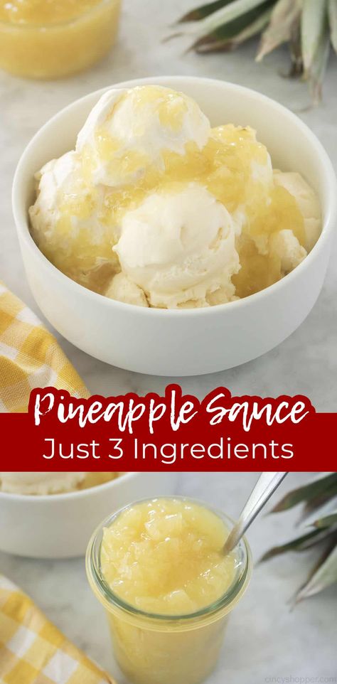 Pineapple Sauce Recipes, Pineapple Topping, Pineapple Pancakes, Banana Split Recipes, Banana Split Pie, Waffle Cone Recipe, Fruit Sauces, Sundae Toppings, Simple Syrups