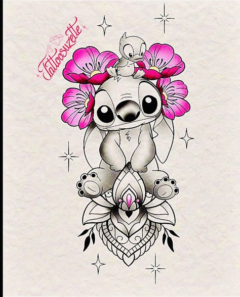 Stitch With Flowers Tattoo, Tattoo Suzette, Stitch Mandala Tattoo, Stitch Sketch Tattoo, Stitch With Ducks Tattoo, Mom And Daughter Stitch Tattoos, Disney Tattoos Lilo And Stitch, Tattoo Ideas Stitch Disney Characters, Stitch Disney Tattoo