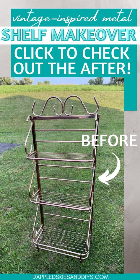 Three-tiered metal shelf DIY using spray paint and rub 'n buff. Metal Shelf Makeover Diy, Metal Plant Shelves, Painted Metal Shelves, Metal Bakers Rack Makeover, Wire Rack Makeover, Spray Paint Wire Shelves, Metal Shelving Ideas, Wire Shelves Makeover, Bakers Rack Makeover Farmhouse