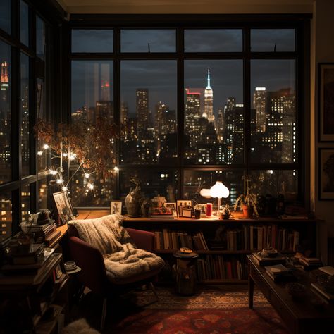 Bed Overlooking City, Cozy City Apartment Aesthetic, Cottagecore City Apartment, Cosy City Apartment, Apartment Overlooking City, Rustic City Apartment, Sky Light Bedrooms, Nyc Apartment Vintage, City Apartment Aesthetic Night