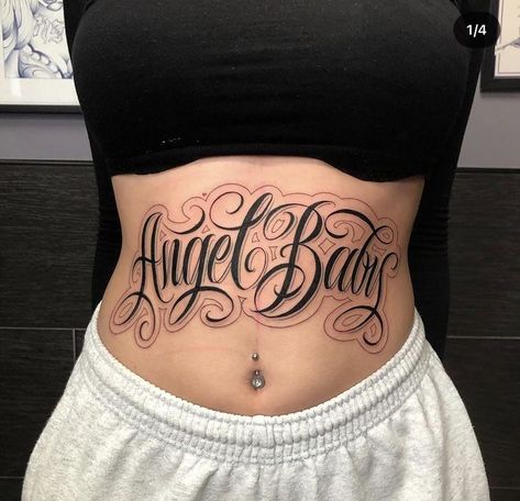 Cute Belly Tattoos, Angel Baby Tattoo, Belly Tattoos For Women, Tattoos For Women Cute, Girl Stomach Tattoos, Letters Cursive, Stomach Tattoos Women, Baby Tattoo, Belly Tattoos