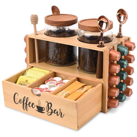 PRICES MAY VARY. [VERY NICE COFFEE POD ORGANIZER]: The coffee station organizer has a very delicate and beautiful design provide a multifunctional use perfect for creating a clean and organized coffee space. The coffee pods holder with drawer has 3 spacious compartments can be can be used to store coffee pods, coffee creamer,sugar, tea bags, instant coffee and more. The drawer of the coffee bar organizer uses removable divides to help you greater use of space.Best gift idea for parents,wife/ hus Tea Station Ideas Small Spaces Office, Turquoise Coffee Bar, Coffee And Tea Storage, Coffee Bar Organization Small Spaces, Tea Bag Organizer Ideas, Coffee Station On Kitchen Counter, Home Coffee Bar Ideas Small Spaces, Tea Bar At Home, Coffee Bar On Countertop