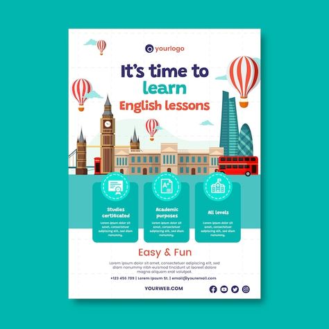 Teaching Poster Design, Childish Design, English Classes For Kids, Cram School, English Center, Designing Art, School Brochure, English Projects, English Speaking Skills