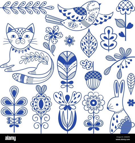 Download this stock vector: Blue folk finnish. Swedish design borders, ornament scandinavian folklore art. Rustic decor, nordic nature floral elements. Cat, bird and rabbit - 2HE84P4 from Alamy's library of millions of high resolution stock photos, illustrations and vectors. Scandinavian Embroidery, Scandinavian Tattoo, Nordic Nature, Scandinavian Folklore, Scandinavian Textiles, Folklore Art, Modern Folk Art, Arte Folk, Scandinavian Pattern