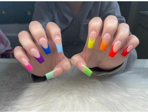 rainbow nail designs Rainbow Color Nail Designs, Birthday Nails Rainbow, Trendy Rainbow Nails, Rainbow Tip Nails Coffin, Short Square Rainbow Nails, Rainbow French Nails Tips, Rainbow Valentines Nails, Rainbow French Tip Nails Coffin, Neon Rainbow Nails Acrylic