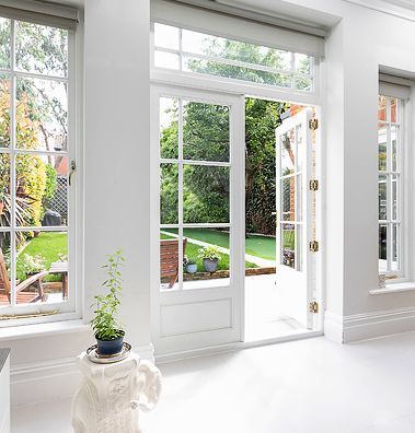 Georgian Patio Doors, French Doors Next To Windows, Traditional French Patio Doors, Sash French Doors, French Doors From Kitchen To Patio, French Door Kitchen To Patio, Window Dressing Ideas Patio Doors, Extension French Doors, Kitchen Side Door