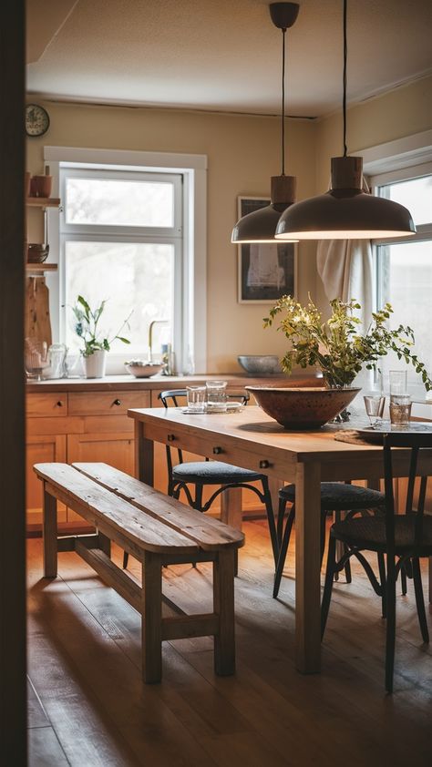 🍽️✨ Is there anything more inviting than a beautifully styled dining area? Imagine gathering with friends and family around a rustic kitchen bench, perfectly placed alongside an extendable BJURSTA table. This setup not only offers extra seating but also creates a warm and convivial atmosphere that makes every meal feel special. 🥰 I remember when I first set up my dining space; it was all about creating a cozy nook where laughter and good food could flow freely. The addition of INGOLF chair... Dinner Table With Bench, Ingolf Chair, Bjursta Table, Ikea Rustic, Cozy Dining Area, Ikea Bench, Kitchen Bench, Gathering With Friends, Rustic Chair