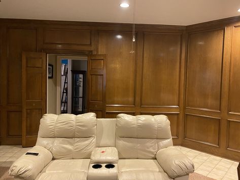 Oak Paneling Walls Makeover, 1980s Wood Paneling, Painted Library Paneling, Colors To Paint Wood Paneling, Brown Paneling Walls Makeover, Oak Wall Paneling Living Rooms, Oak Paneling Walls Living Rooms, Painted Judges Paneling, 80s Wood Paneling