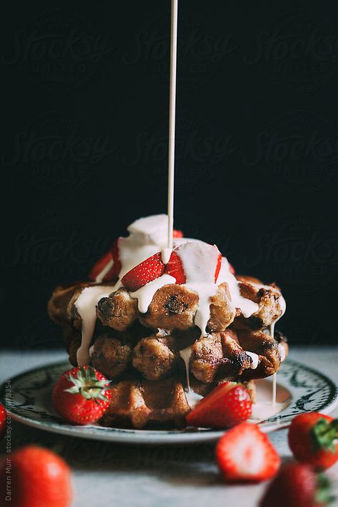 Dip N Dip, Waffle Product Photography, Waffles Photography Instagram, Waffle Photography Food Styling, Strawberry Waffle Topping, Waffle Stack, Waffles And Strawberries, Waffles Aesthetic, Christmas Waffles