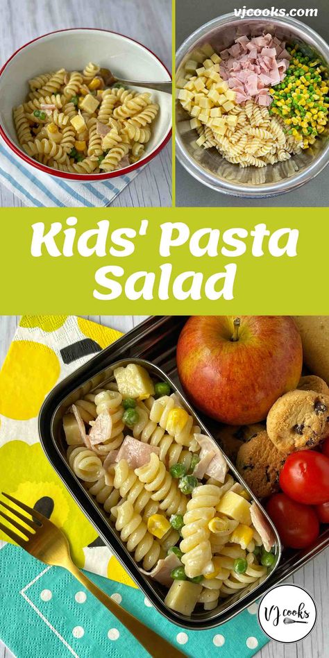 A simple, nutritious and tasty pasta salad that kids and adults can enjoy for lunch or dinner. Filled with colby cheese, shaved ham, frozen peas and corn then coated in a slightly sweet mayonnaise dressing. This inoffensive pasta salad is ideal for kids and makes a great alternative to a sandwich in school lunchboxes. #vjcooks #pastasalad #simplelunch #healthylunch #schoollunch #lunchboxfiller Kids Cold Pasta Salad, Non Sandwich Lunch Ideas, Pasta For School Lunch, School Lunch Ideas Pasta, Easy Lunches For Prek, Lunch Box Pasta, School Lunch Pasta Salad, Easy Lunch Ideas For Work Pasta, Pasta For Kids Lunch