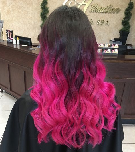 Hot Pink Hair And Black, Pink Hair Color Ideas For Black Hair, Bright Red Hair With Pink Highlights, Hot Pink Peekaboo Hair, Hot Pink Hair Streaks Brunette, Hot Pink Roots With Black Hair, Red Hair With Pink Highlights, Hot Pink Strands In Brown Hair, Brown To Hot Pink Ombre Hair