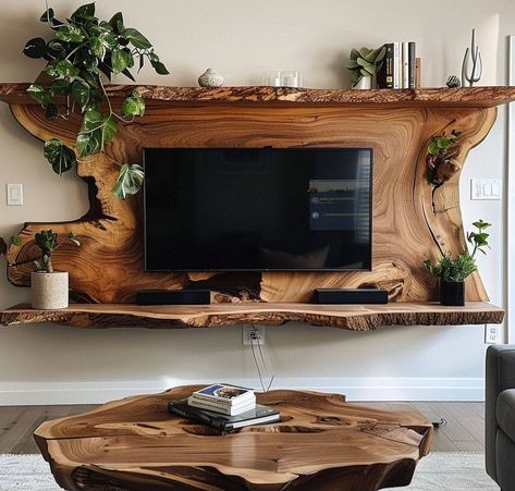 Live Edge Living Room, Live Edge Interior Design, Live Edge Wall Decor, Unique Home Interior Design, Rustic Tv Wall Ideas, Live Edge Ideas, Live Edge Tv Stand, Viking Lodge, Natural Wood Living Room