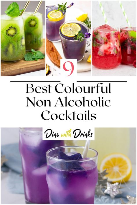 Collage of 4 colourful non alcoholic cocktails. Summer Mocktail Recipes, Best Non Alcoholic Drinks, Easy Mocktail Recipes, Mocktail Drinks, Alcholic Drinks, Alcohol Free Drinks, Drink Recipes Nonalcoholic, Colorful Drinks, The Hangover