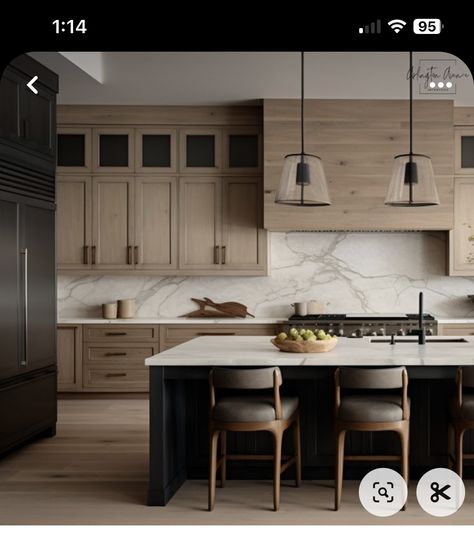 Woody And Black Kitchen, White Rift Oak Kitchen Cabinets, White Oak Kitchen Black Island, White Oak Cabinets With Black Hardware, Natural Wood And Black Kitchen, Black Island Wood Cabinets, Wood Tones Kitchen, 2 Story Kitchen, Black And White Oak Kitchen