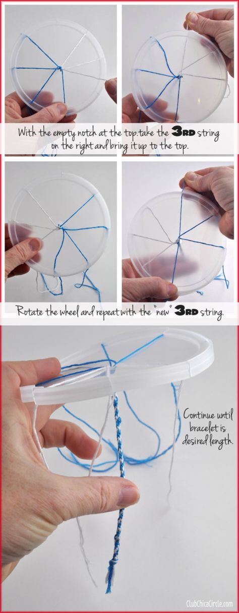 How to Make a Friendship Bracelet with a Recycled Plastic Lid | Club Chica Circle - where crafty is contagious Circular Friendship Bracelets, Friendship Bracelet Wheel, Kids Friendship Bracelets, Make A Friendship Bracelet, Wheel Bracelet, Friendship Bracelets Ideas, Braids Easy, Homemade Bracelets, Bracelets Ideas