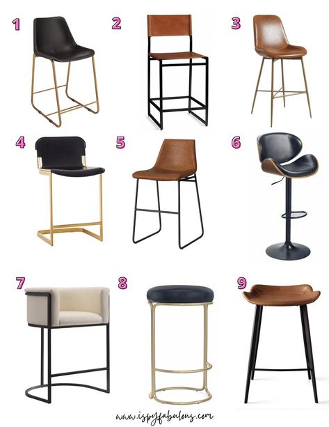 Leather and faux leather bar stools are chic, comfortable and super easy to clean. For 9 chic styles that would go with any home decor style, check out these 9 leather bar stools. #kitchendecor #kitchenisland #barstools Bar Stools Low Back, Brown Leather Barstools In Kitchen, Faux Leather Bar Stools Kitchen Island, Modern Barstools In Kitchen With Backs, Faux Leather Counter Stools, Leather Stools For Kitchen Island, Faux Leather Bar Stools, Leather Bar Stools Kitchen Island, Leather Island Stools