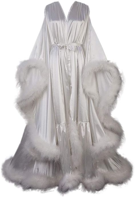 Old Hollywood Feather Robe Sexy Boudoir Robe Feather Bridal Robe Satin Long Wedding Scarf New Custom Made (L, Blush Pink) at Amazon Women’s Clothing store Feather Bridal Robe, Fancy Robes, Satin Bridal Robe, Pijamas Women, Crystal Wedding Dress, Feather Fringe, Wedding Scarf, Luxury Robes, Bridal Robe