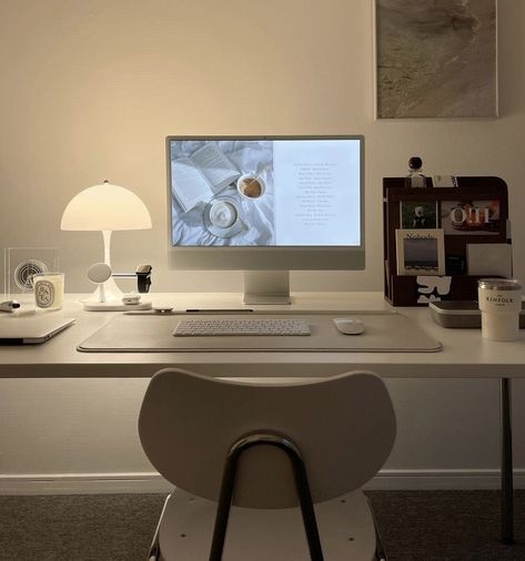 Styling Standing Desk, Influencer Home Office, Room 2023, Work Office Decor, Gaming Setups, Desk Inspo, White Desk, Cubicle Decor, Office Room Decor