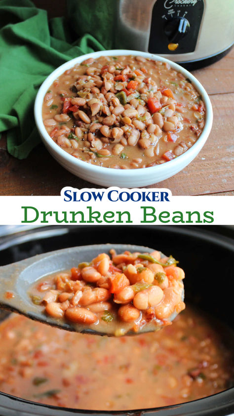 Crockpot drunken beans feature pinto beans cooked with beer and bacon. They are a tasty Mexican inspired side dish that are a perfect change to your normal baked beans but also go well with other Tex-Mex meals. Borracho Beans Crockpot, Drunken Beans Mexican, Pinto Beans Crockpot Recipes, Slow Cooker Beans Pinto, Pinto Bean Recipes Southern, Crockpot Beans Pinto, Canned Pinto Beans Doctored Up, Bean Recipes Crockpot, Mexican Pinto Bean Recipes