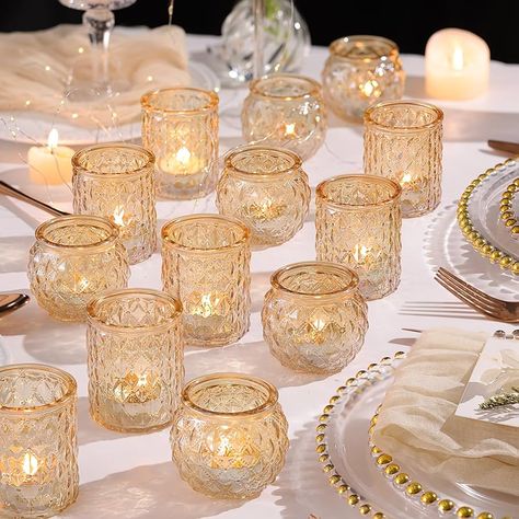 Gold Votives Wedding Centerpieces, Candle Votives Wedding, 50th Wedding Anniversary Party Favors, Gold Candlesticks Wedding, 50 Wedding Anniversary Party Favors, 50th Anniversary Table Decorations, Simple Wedding Centerpieces Diy, 50th Birthday Table Decorations, Glass Candle Holders Wedding