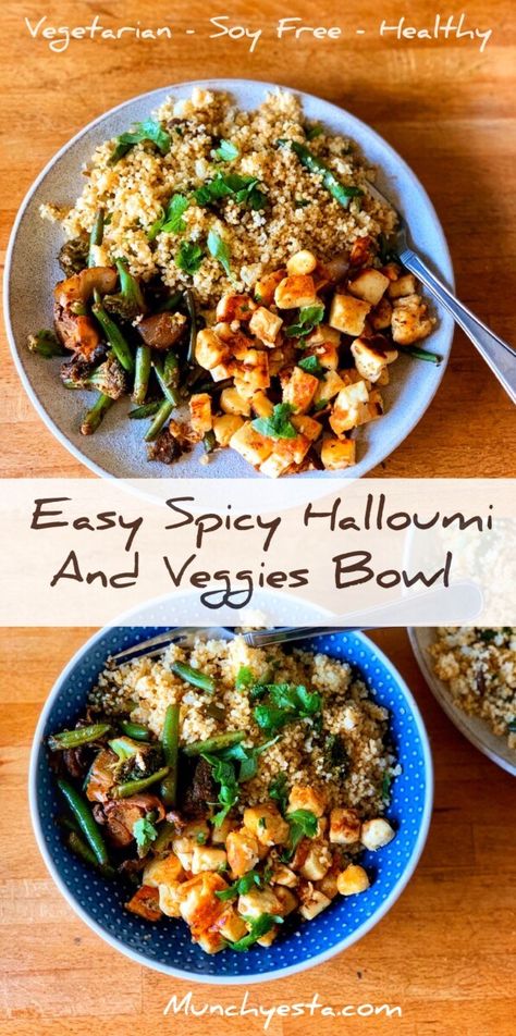 Halloumi Couscous, Halloumi Bowl, Halloumi Recipes, Broccoli And Mushrooms, Veggie Rice Bowl, Diner Ideas, Curry Recipes Vegetarian, Grilled Broccoli, Halloumi Cheese