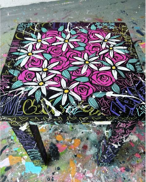 Table  Original art via acrylic  and markers. Signed by artist.  measures 24"H X 18" W X 18"D Hand Painted Table Tops Ideas, Coffee Table Painting Ideas, Table Painting Ideas Colorful, Painted Table Top Designs, Coffee Table Flip, Refinished End Tables, Hand Painted Cups, Housing Decor, Practice Sketching