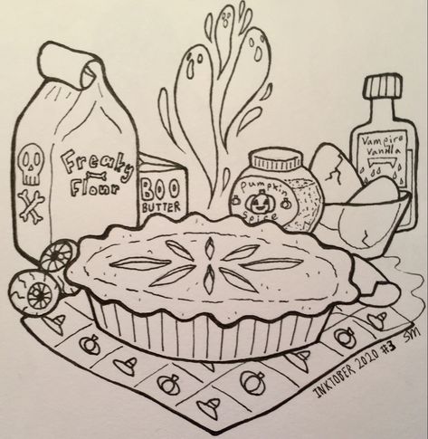 Baking Drawing Reference, Inktober Prompts List, Pie Drawing Easy, Pumpkin Pie Drawing, Pie Sketch, Pie Illustration, Inktober Prompts, Baking Drawing, Pie Drawing