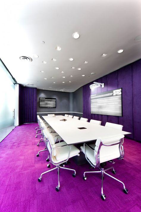 Talk about an exciting, colorful space... We love the use of purple in an office Meeting Room Design Office, Purple Office, Meeting Room Design, Architecture Practice, Cool Office Space, Office Meeting Room, Corporate Office Design, Architecture Modern, Purple Interior