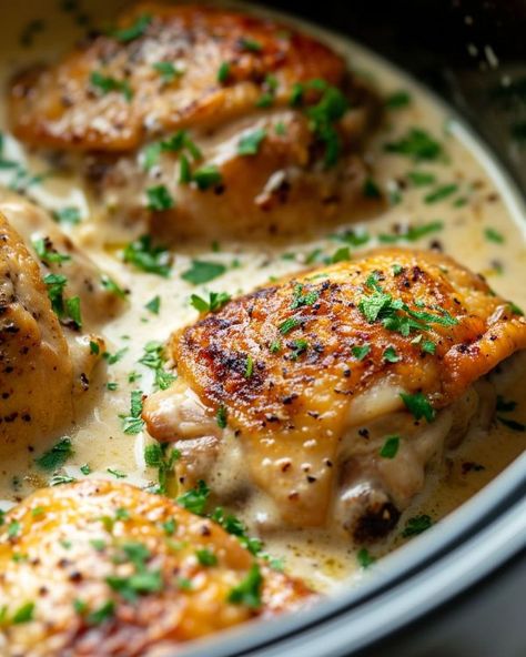 This recipe is called "Million Dollar Chicken" and one bite, and you'll know why! Slow Cook Recipes Healthy, The Feed Feed Recipes, Chicken Or Fish Recipes, Chicken In A Pot Recipes, Healthy Crock Pot Chicken Thigh Recipes, Delish Crockpot Recipes, Million Dollar Chicken Recipe, Crockpot Million Dollar Chicken, Chicken Thigh Recipes One Pot Meal