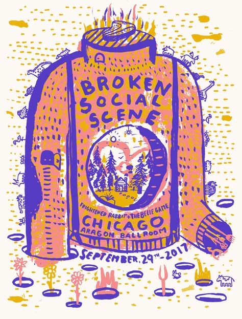 Broken Social Scene Poster // with Frightened Rabbit // The Bubble Process // $25 Broken Social Scene, Frightened Rabbit, Scene Poster, Gig Poster, French Paper, Gig Posters, Aragon, Super Happy, Concert Posters