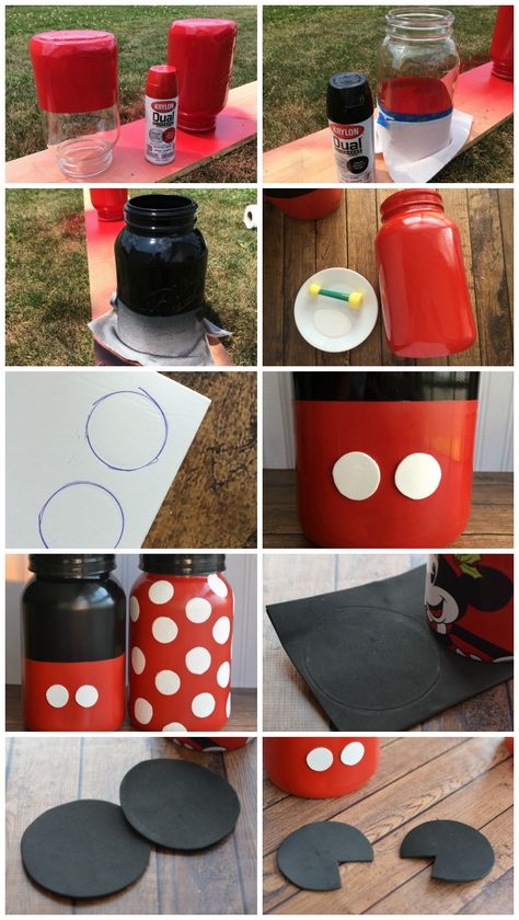 How to Make Mickey and Minnie Mouse Mason Jars Mason Jar Projects, ขวดโหล Mason Jar, Mickey Mouse Crafts, Deco Disney, Magical Party, Minnie Y Mickey Mouse, Mouse Crafts, Mickey Mouse Clubhouse Birthday, Mickey Mouse Birthday Party