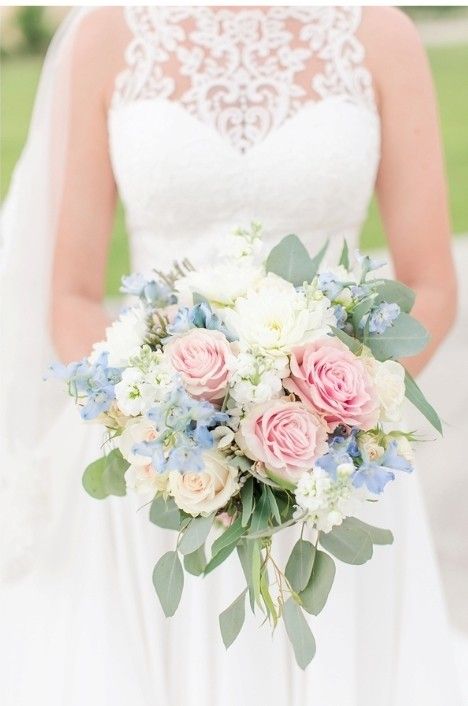 Pink White Blue Bouquet, Blue White Pink Wedding, Pastel Wedding Flowers Bridal Bouquets, Pink And Blue Wedding Flowers, Pink And Blue Bouquet, Bridal Bouquet Peony, Pastel Wedding Bouquet, Pastel Bridal Bouquet, Bouquet Pastel