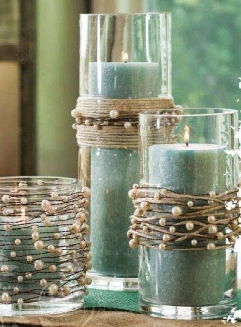 37 Luminous Ideas to Update Your Candles for Winter. - love the twine and pearls - Elegant Rustic Chic Pearl Garland, Beach Wedding Centerpieces, Interior Boho, Diy Candle Holders, Diy Garland, Wreaths & Garlands, Cool Ideas, Décor Diy, Diy Candles