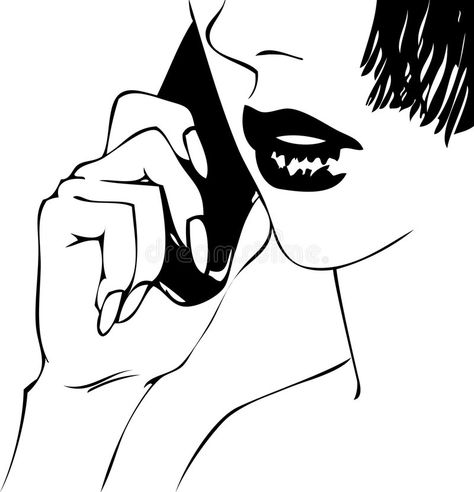 Woman at phone. Illustration of a woman speaking on the Telephone. black Calling Phone Reference Drawing, Woman On Phone Drawing, Calling Someone On The Phone Reference, On The Phone Drawing Reference, Phone Call Drawing Reference, Phone Call Reference, Holding Cellphone Drawing Reference, Talking On The Phone Drawing, Phone Call Drawing