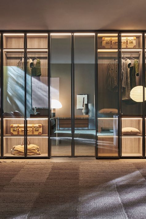 Sistema 7 is a versatile system, designed by Vincent Van Duysen for Molteni  C. Here the centre doors fold back on a clever patented mechanism that enables full accessibility to a secret walk-in wardrobe. Made in Italy.  . . . . #interiordesign #walkinwardrobe #archilovers #walkincloset #luxuryhome #wardrobe #architects #designer #quality #interior #architect Glass Wardrobe Design, Wardrobe Design Bedroom Modern, Mirrored Wardrobe Doors, Glass Wardrobe, Wardrobe Design Modern, Dream Closet Design, Wardrobe Door Designs, Luxury Closets Design, Wardrobe Interior Design