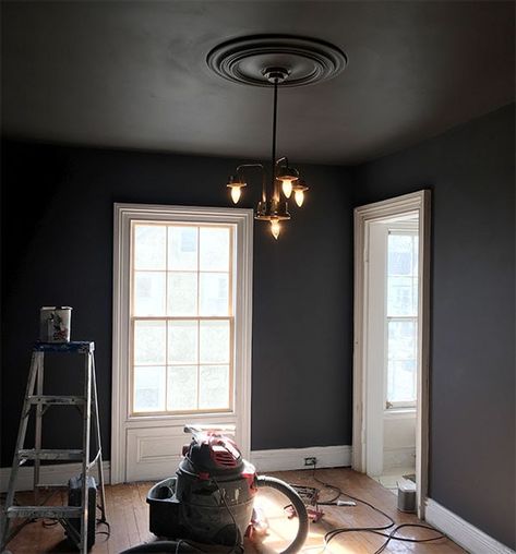 Den-ovation: Moldings and Paint! | Daniel Kanter Dark Painted Room And Ceiling, Flint Paint Color Benjamin Moore, The Hierarchy Paint Color, Grey Ceiling Bedroom, Flint Benjamin Moore, Brown Ceiling Paint, Light Floors Dark Walls, Benjamin Moore Flint, Dark Ceiling Light Walls